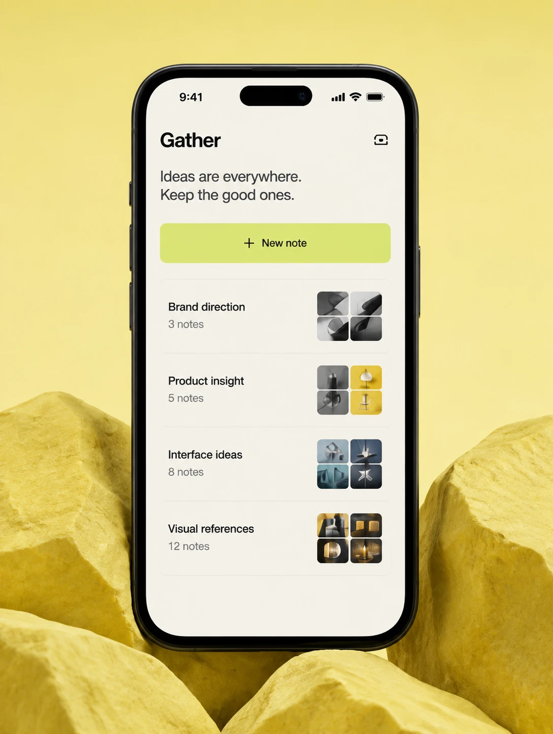 Gather, a creative notes app, on a phone against a warm yellow sculptural backdrop.