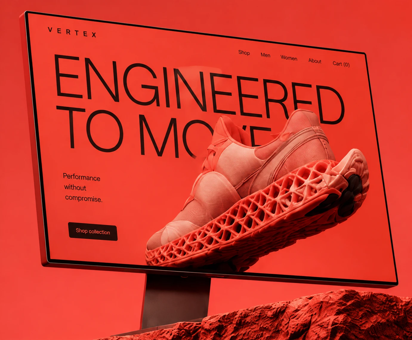 Coral running shoe and an expressive retail website on a sculptural red display.